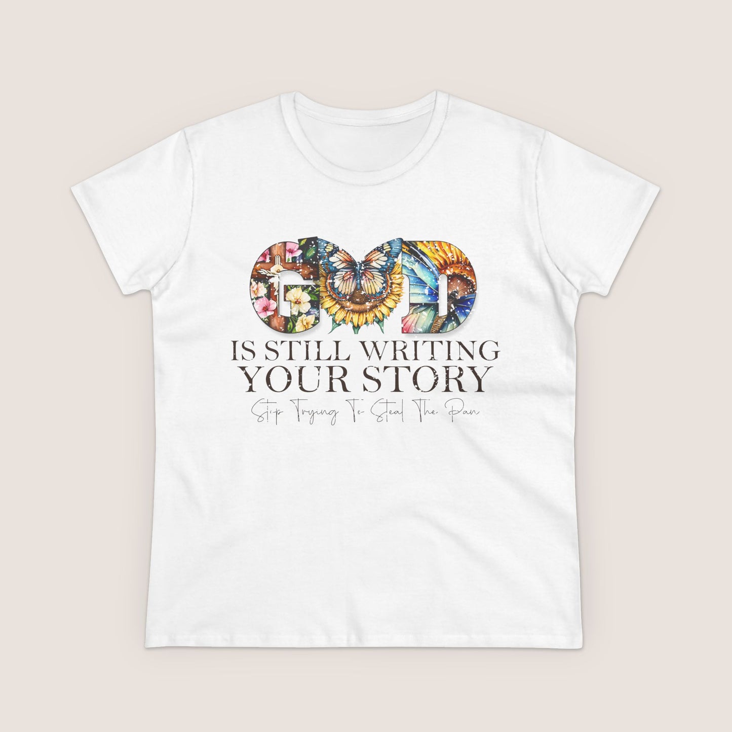 White t-shirt with colorful design and text on a beige background