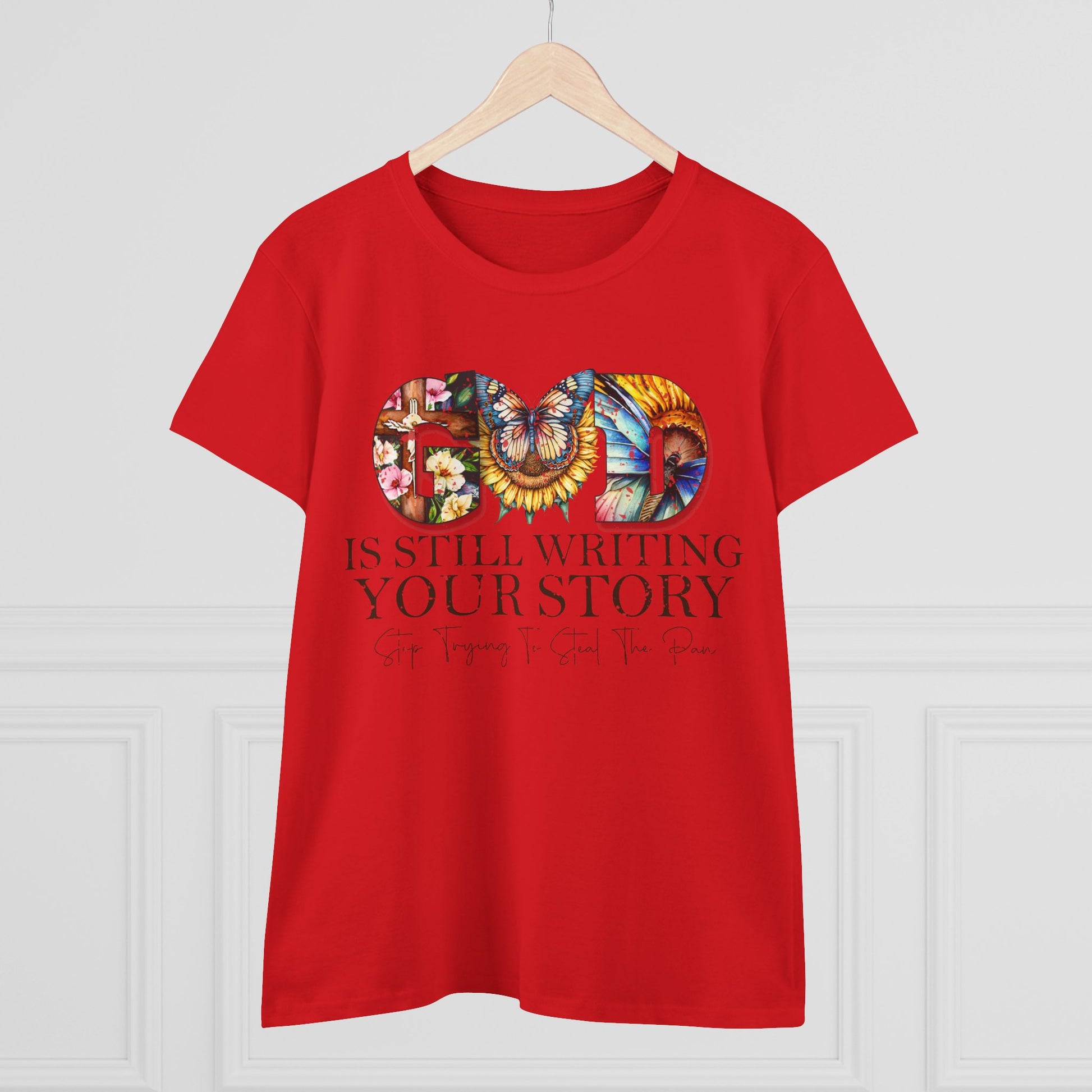 Red t-shirt with colorful butterfly design and text on a white background